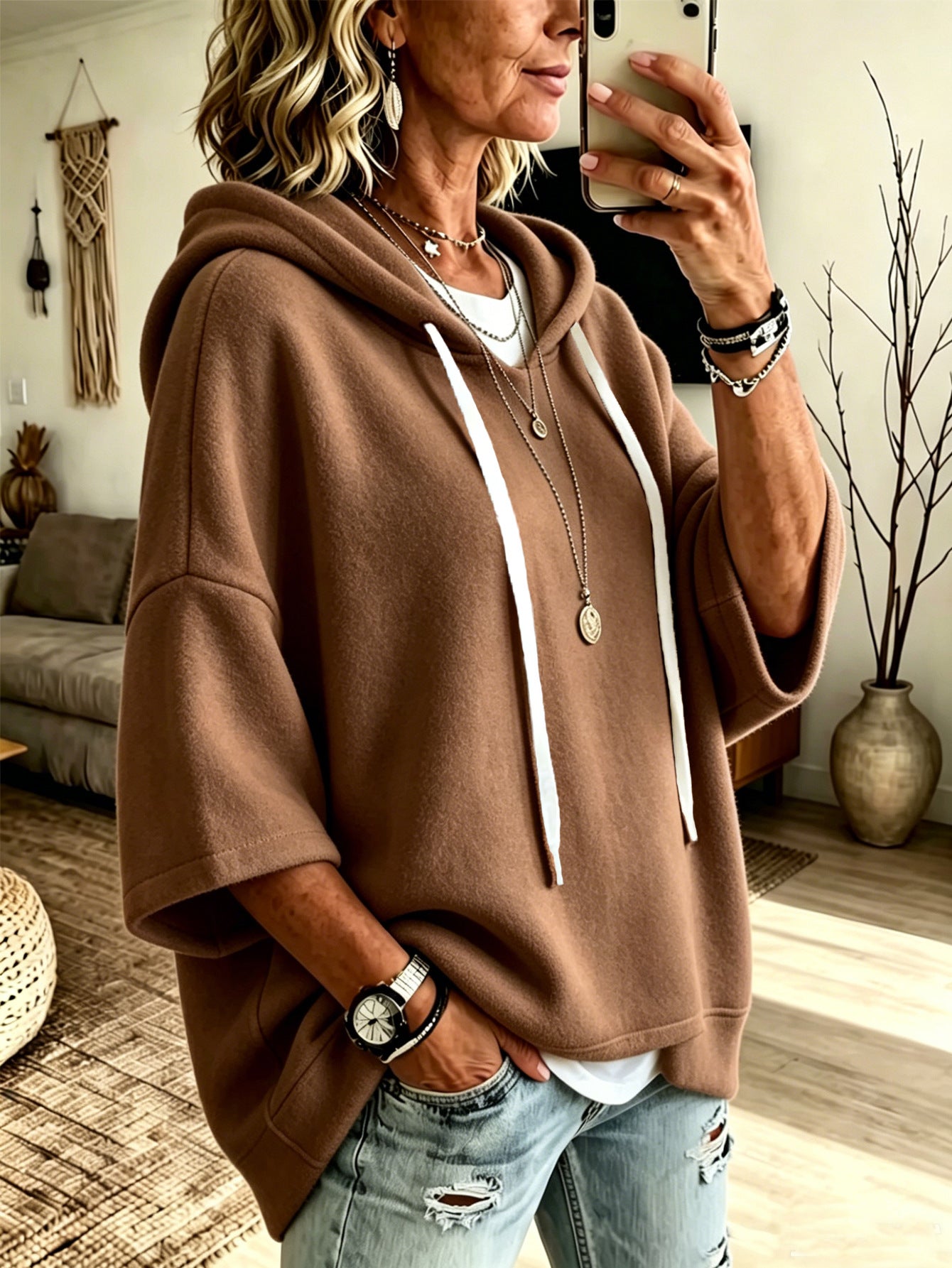 Bridget Calloway | Oversized Fleece Hoodie With 3/4 Sleeves For Women