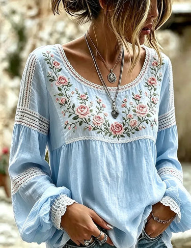 Colette Rimbaud | Retro Bohemian Floral Linen Blouse For Women
