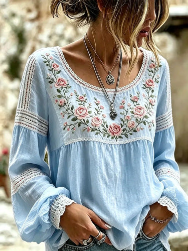 Colette Rimbaud | Retro Bohemian Floral Linen Blouse For Women