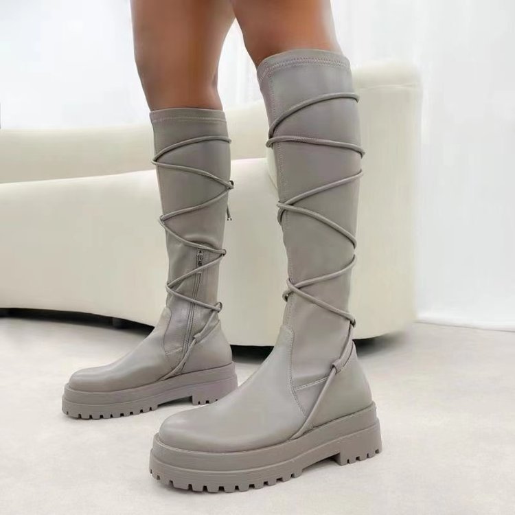Solange Dufresne | White Lace-Up Knee-High Platform Boots For Women