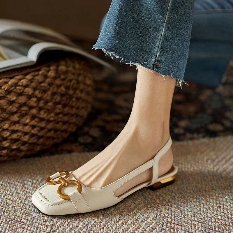 Aurelia Dawnbridge | Navy Blue Suede Slingback Sandals with Gold Buckle