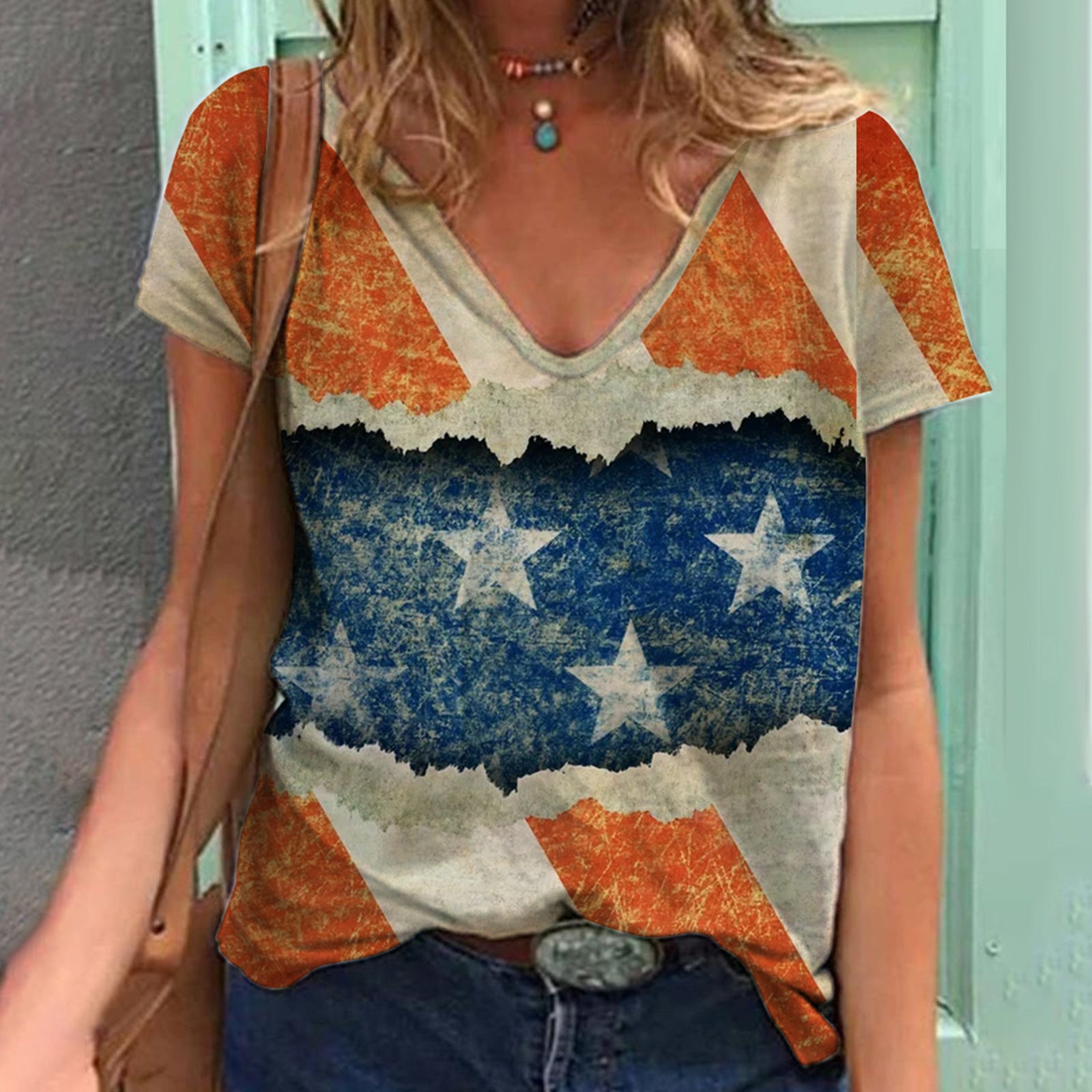 Darcy Winsmore | Vintage Stars Print V-Neck T-Shirt For Women