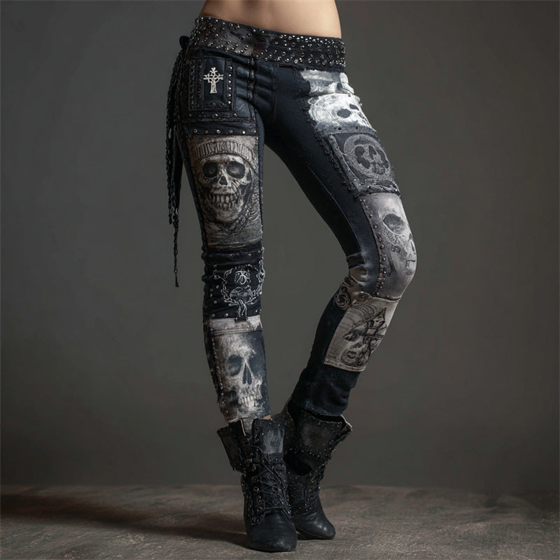 Vivienne Hartley | Patchwork Cat & Skull Print Leggings For Women