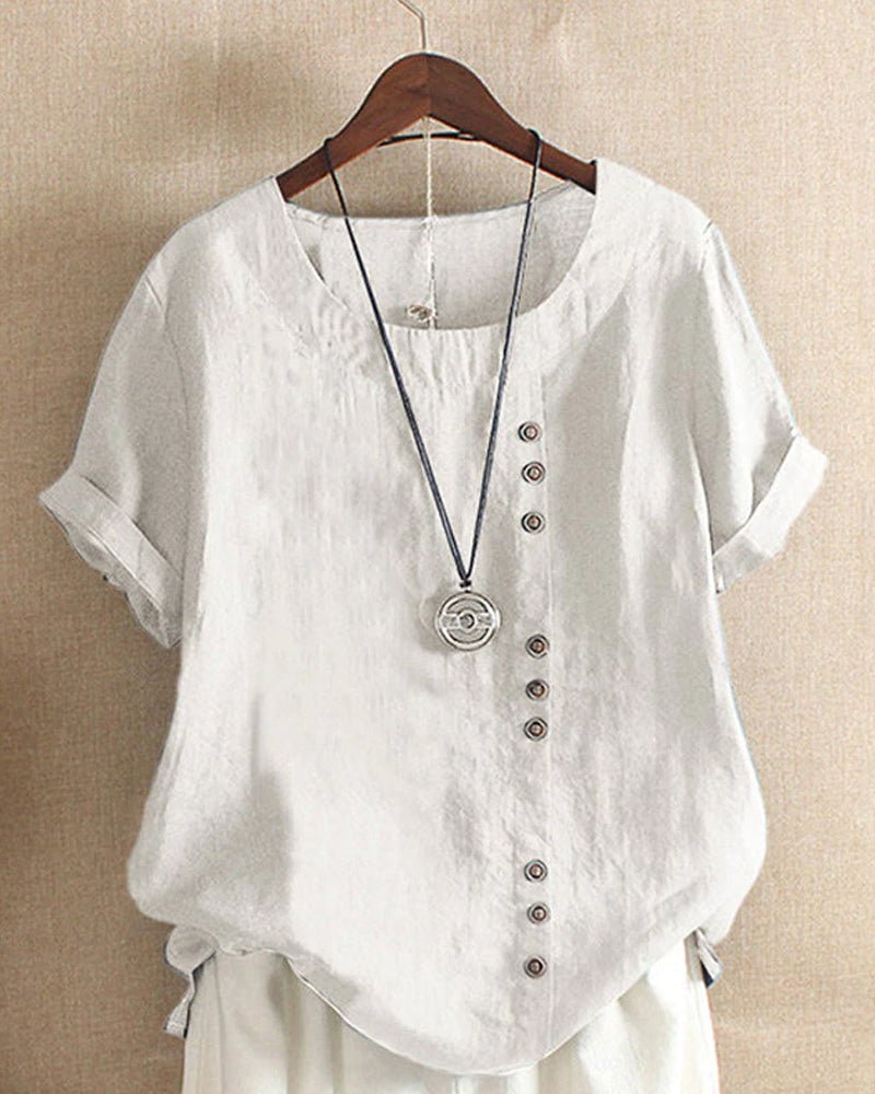 Céleste Dunvaux | Pink Linen Button Front Crew Neck Short Sleeve Top