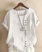 Céleste Dunvaux | Pink Linen Button Front Crew Neck Short Sleeve Top