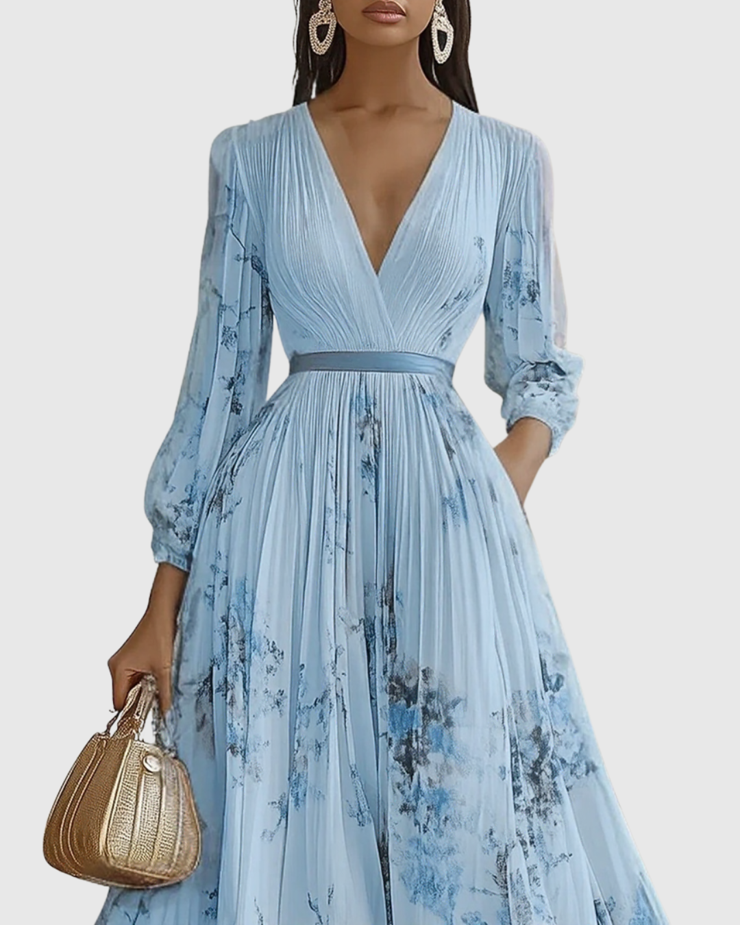 Lucienne Hartwell | Floral Pleated Midi Dress with V-Neck