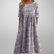 Corinthia Delvaux | Blue Floral Midi Dress with 3/4 Sleeves
