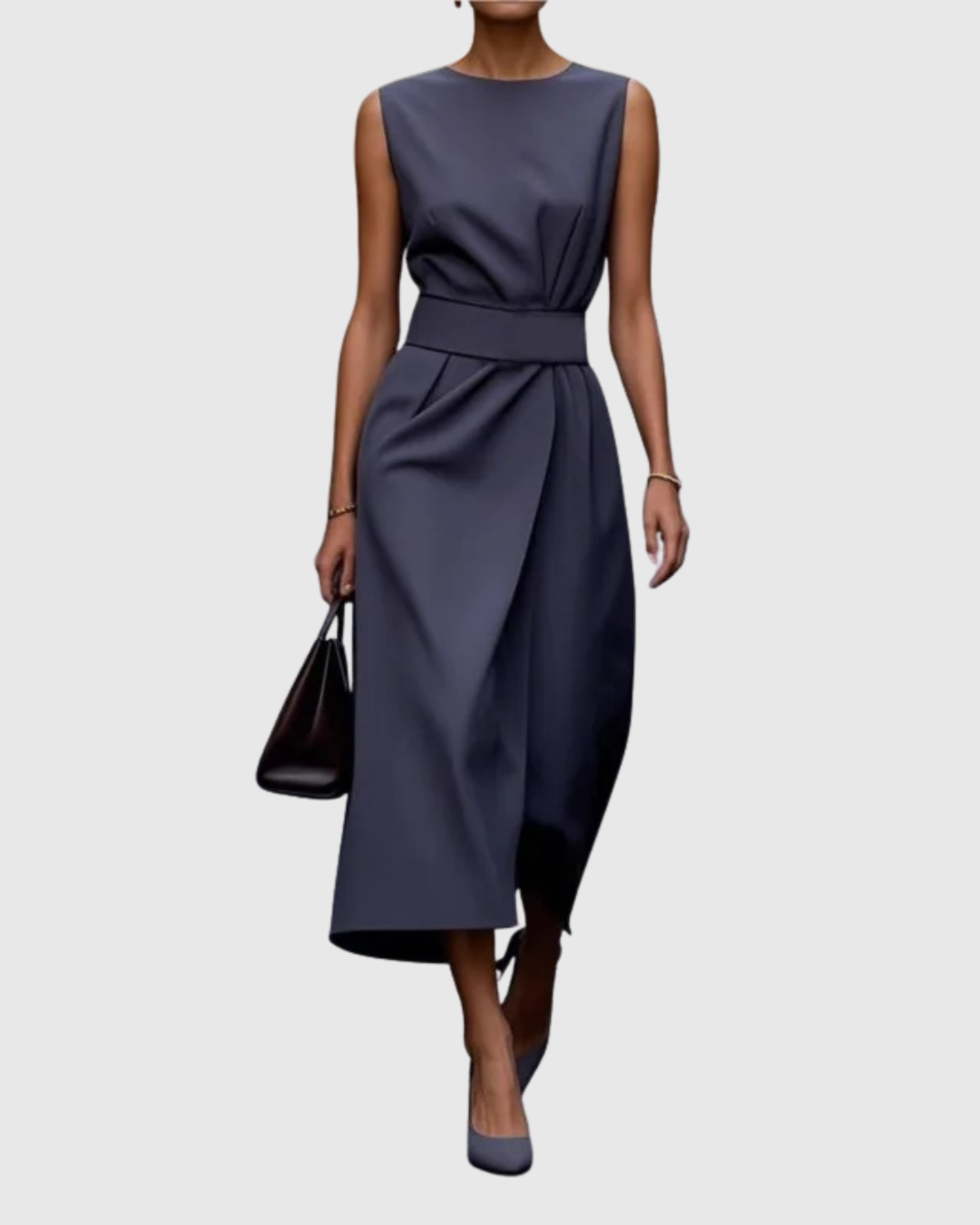 Aurelianne Fontcrest | Rust Brown Sleeveless Midi Dress with Waist Sash