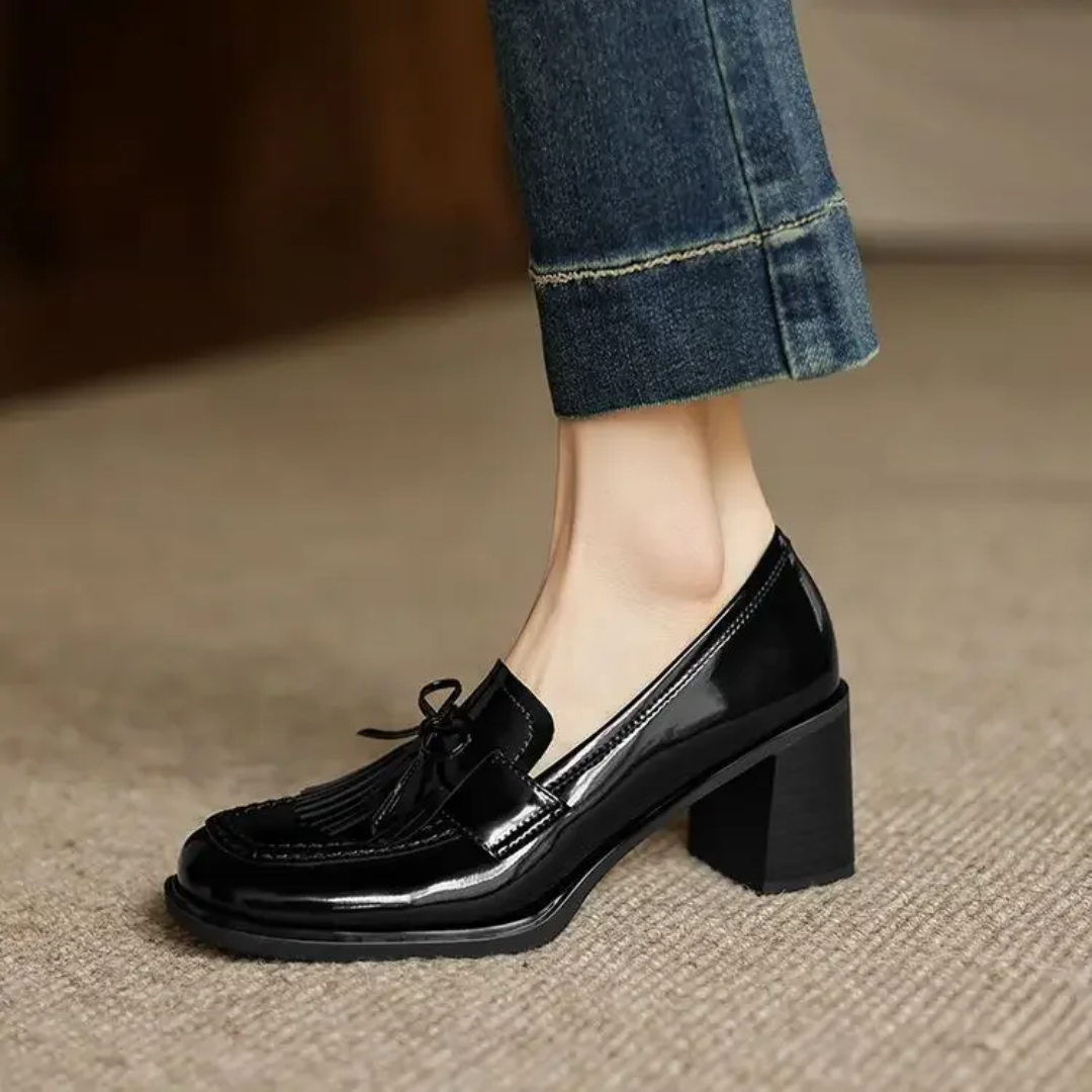 Leticia Beauvigne | Black Patent Tassel Loafer Block Heel Pump