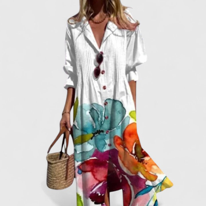 Eloise Ravencrest | Blue Leaf Print Boho Midi Shirt Dress