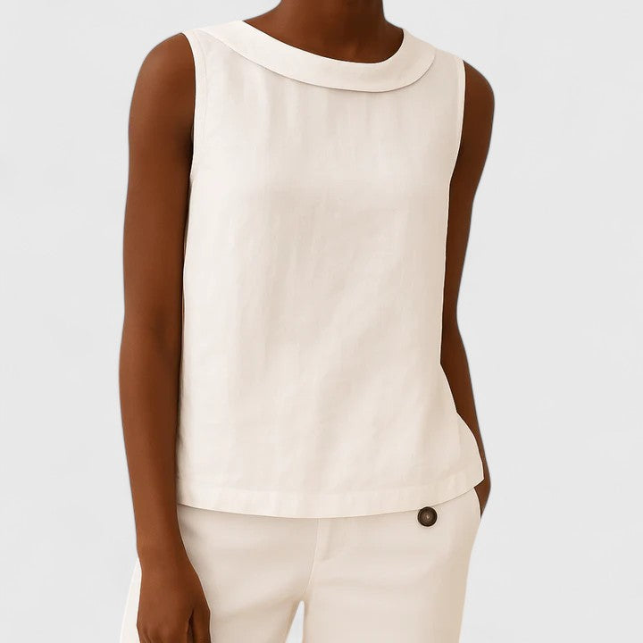 Isabelle Tournier | Sleeveless Linen Roll Collar Top in Blue