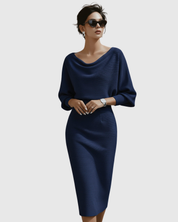 Audrina Velmonte | Black Ribbed Cowl Neck Batwing Midi Dress