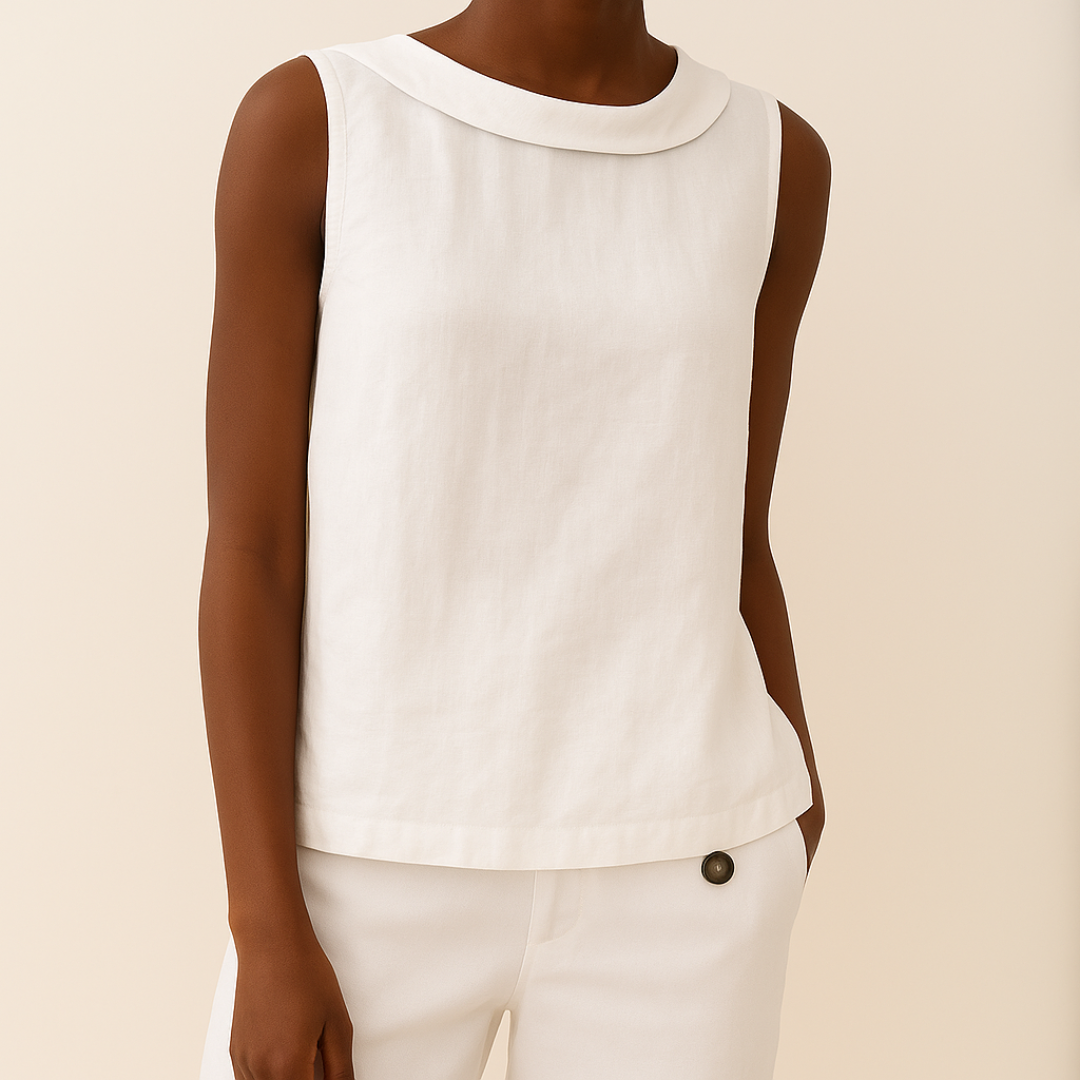 Celeste Dunmore | Sleeveless Roll Collar Top in Blue Grey Linen