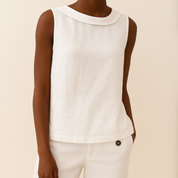 Celeste Dunmore | Sleeveless Roll Collar Top in Blue Grey Linen