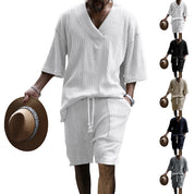 Tanner Ironwood | White Cable Knit T-Shirt & Shorts Set For Men