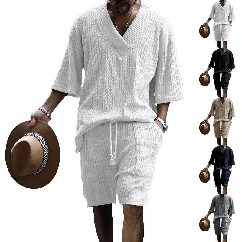 Tanner Ironwood | White Cable Knit T-Shirt & Shorts Set For Men
