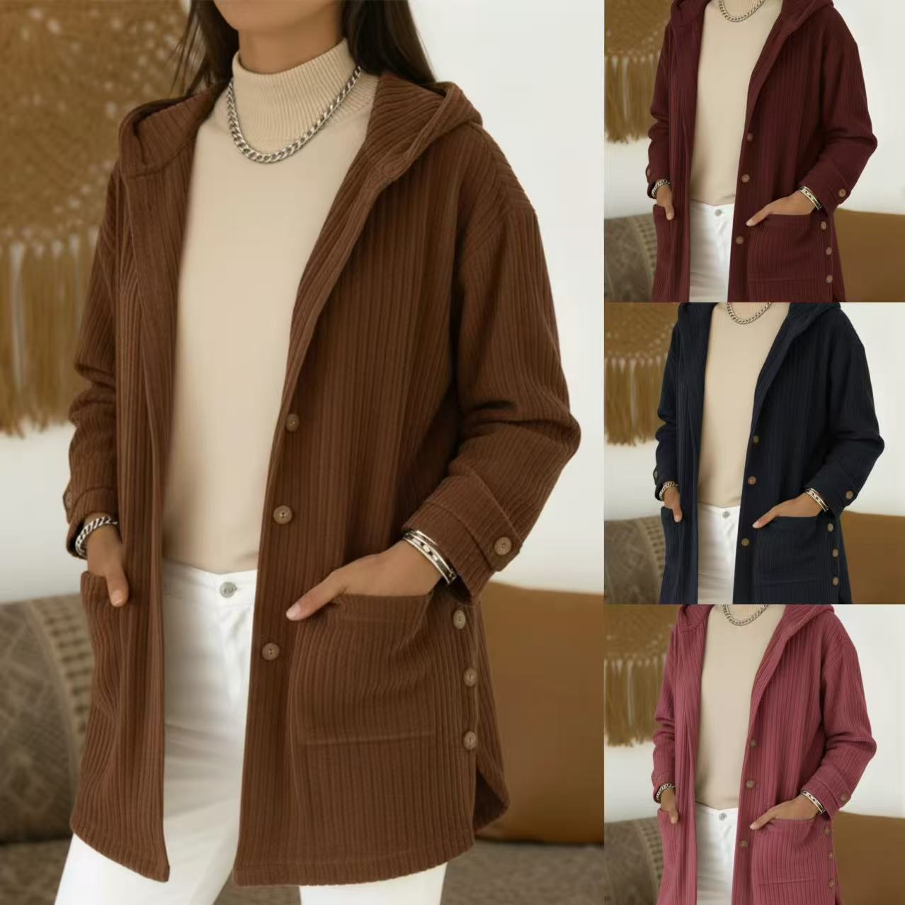 Éloise Cartier | Hooded Corduroy Midi Jacket For Women