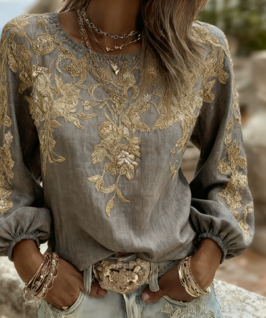 Isabelle Fontaine | Rose Embroidered Puff Sleeve Blouse For Women