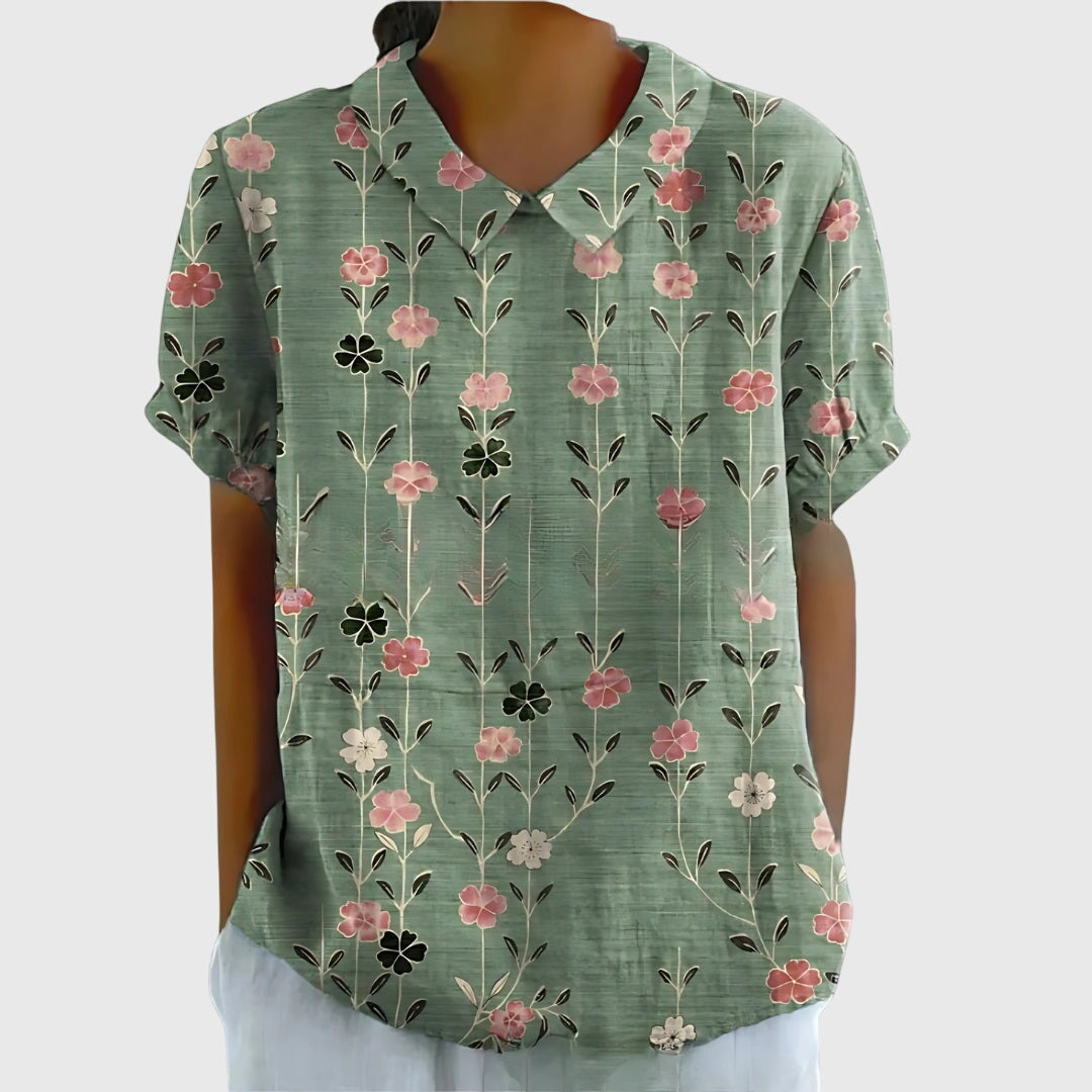Éloise Fairverne | Green Floral Print Short Sleeve Blouse