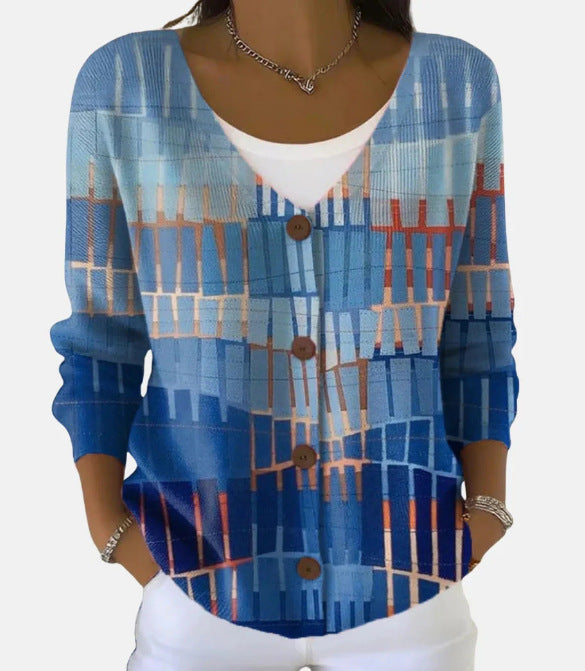 Elara Bloomfield | Printed Button-Up Knit Cardigan For Women