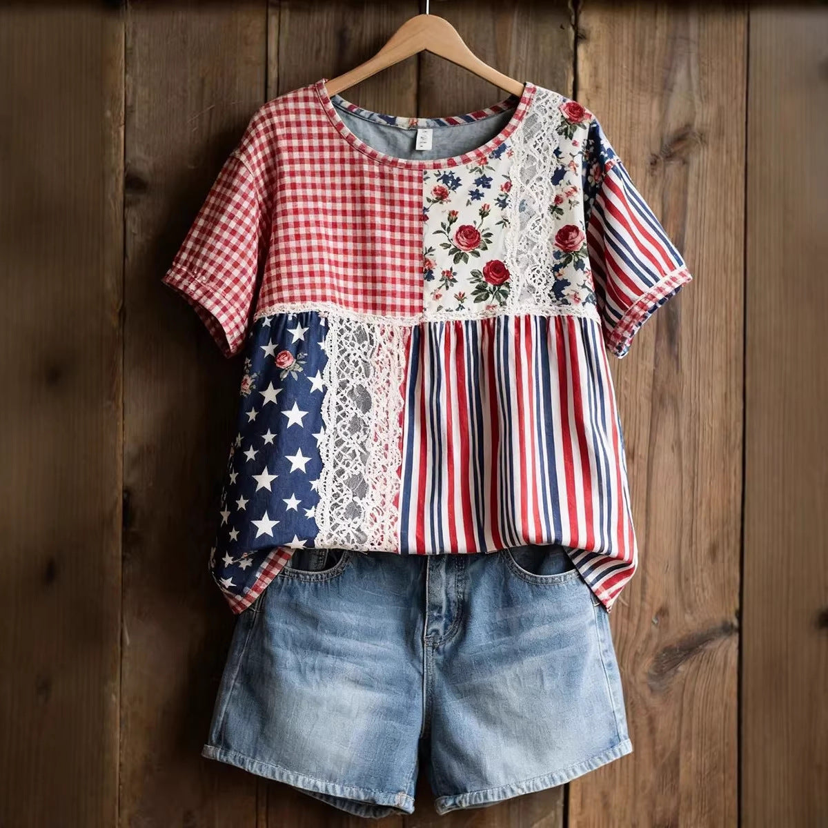 Brielle Davenport | Patchwork Patriotic Short Sleeve Top For Women
