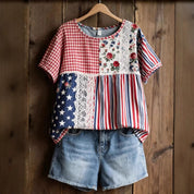 Brielle Davenport | Patchwork Patriotic Short Sleeve Top For Women