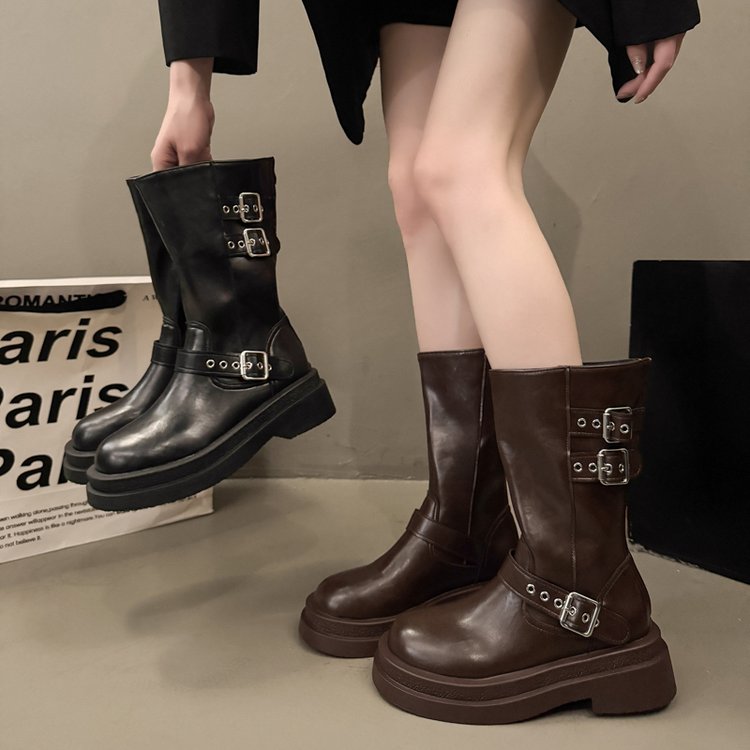 Isadora Fenwick | Buckle Strap Platform Mid-Calf Boots For Women