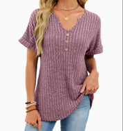 Nathalie Girard | Ribbed Knit Button V-Neck Top For Women