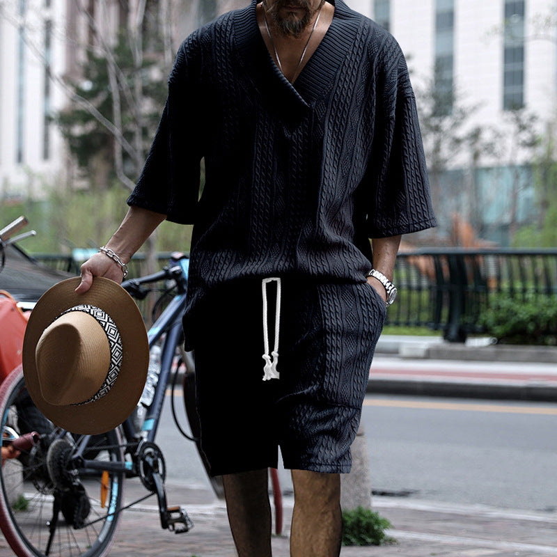 Tanner Ironwood | White Cable Knit T-Shirt & Shorts Set For Men