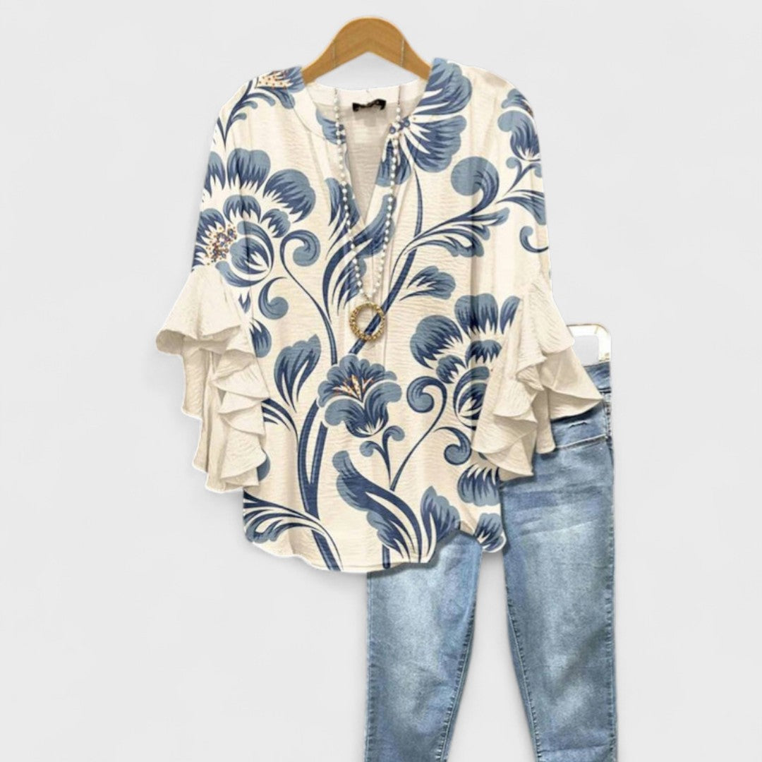 Olivia Baker | Light Blue Floral Ruffle Sleeve Blouse For Women