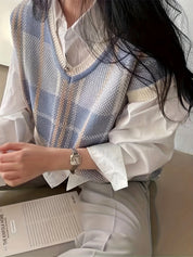 Margaux Delaroche | Vintage Plaid V-Neck Sweater For Women