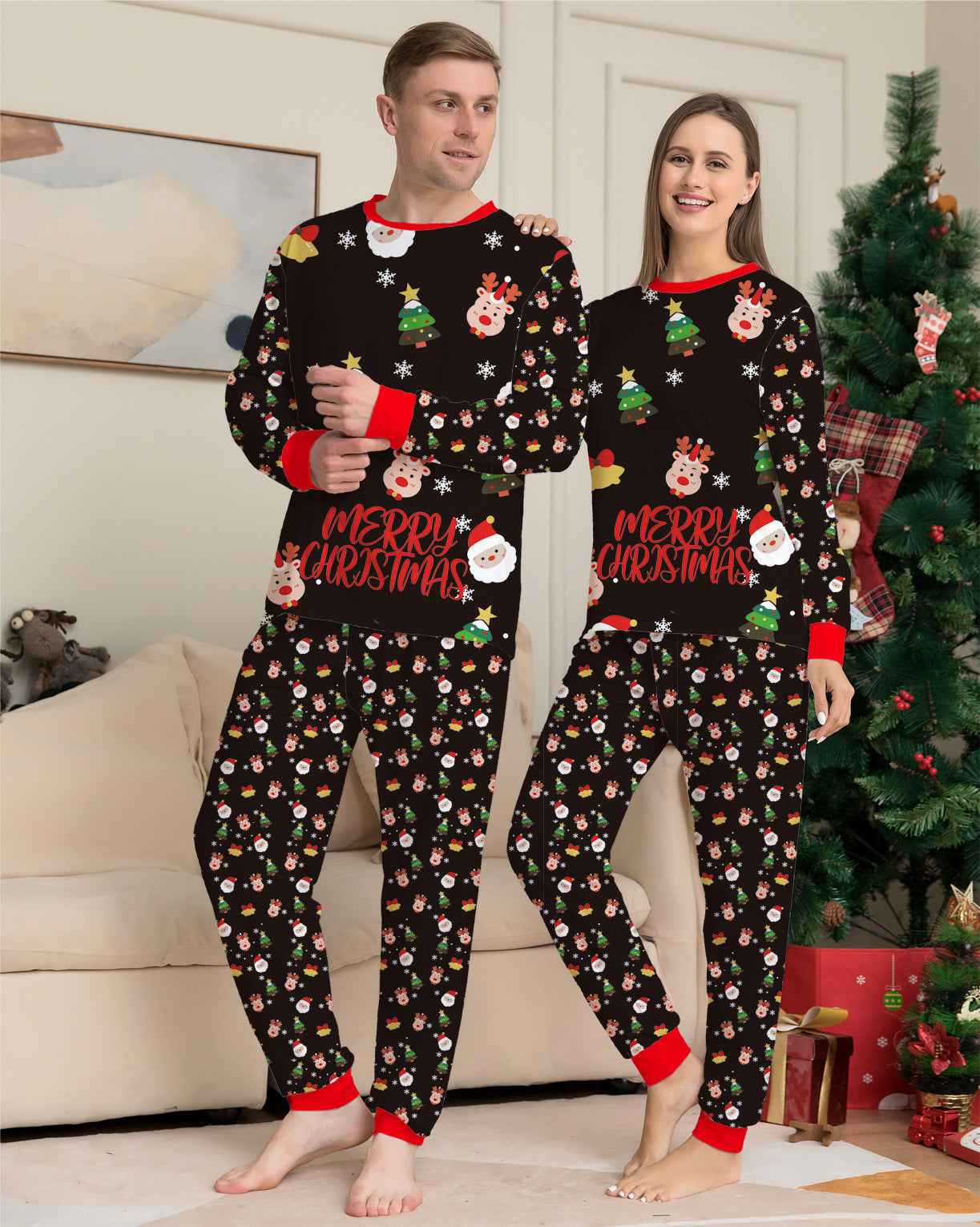 Pine Cheer | Black Santa Print Christmas Pajamas Unisex & Family