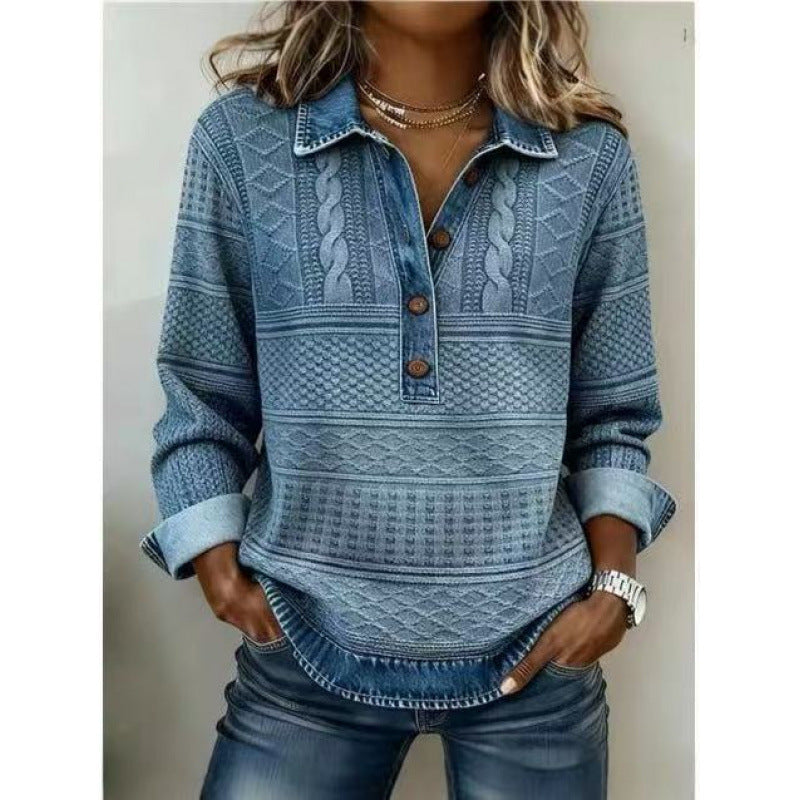 Nellie Millbrook | Blue Denim Collar Cable Knit Sweater For Women