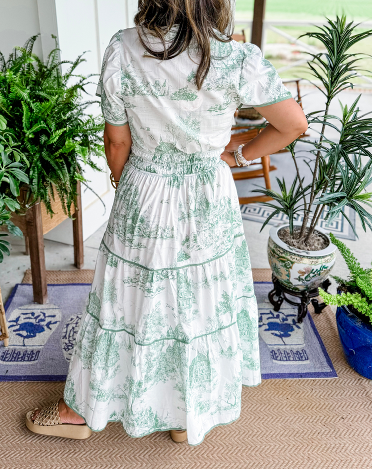 Céleste Wyndmere | Classic Toile Maxi Dress in White & Brown