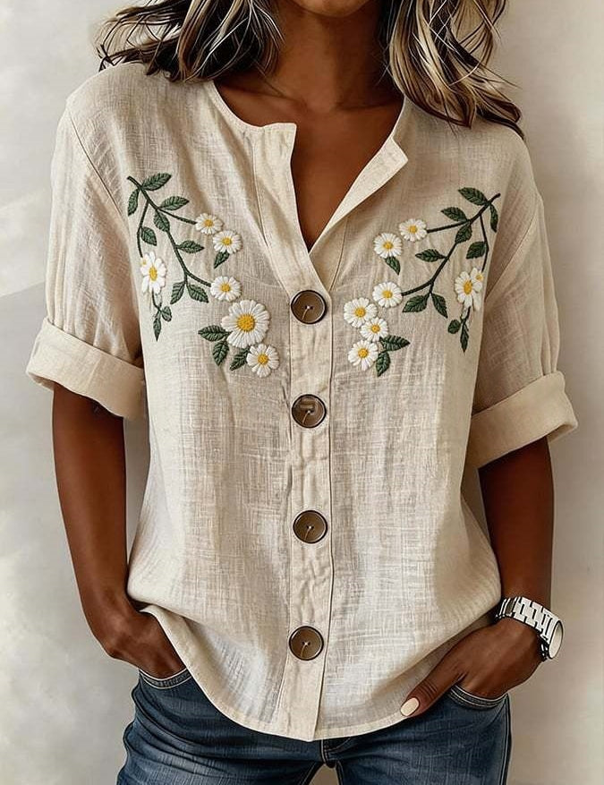 Antonella Marchese | Embroidered Floral Button-Up Blouse For Women