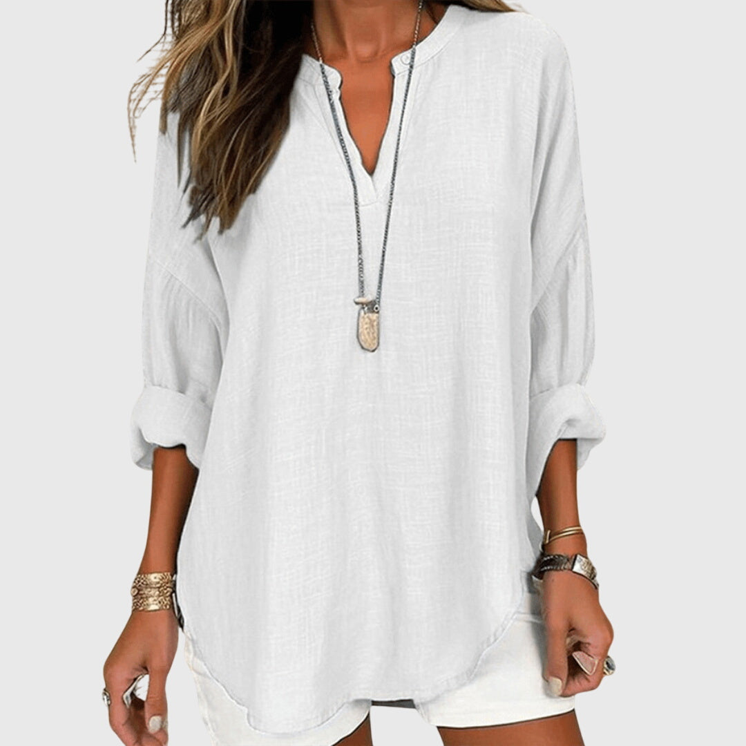 Auriane Bellsworth | Flowy Light Blue Linen V-Neck Shirt