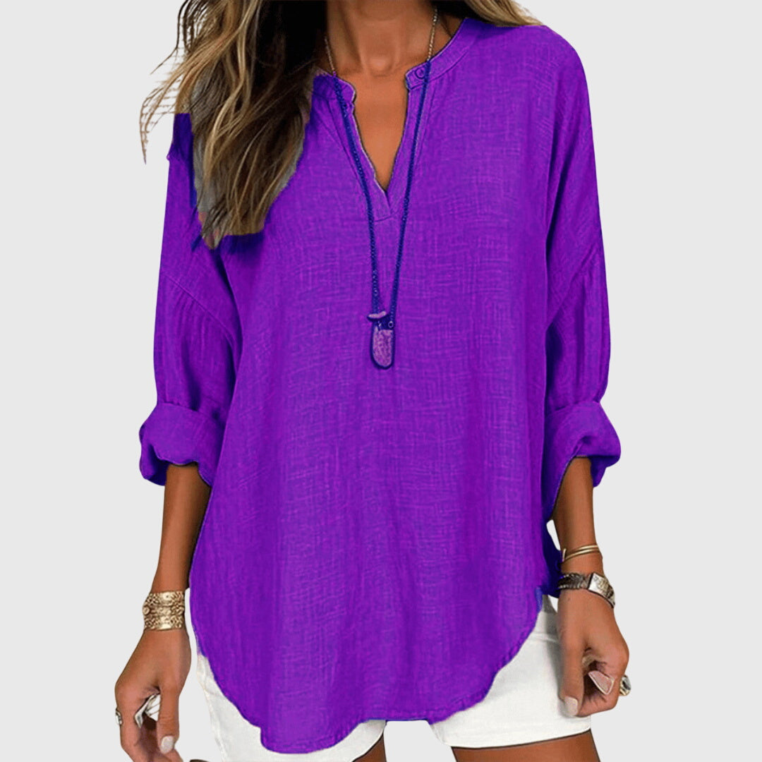 Auriane Bellsworth | Flowy Light Blue Linen V-Neck Shirt