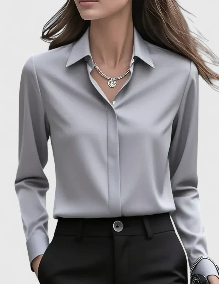 Vivienne Hartwell | Navy Blue Satin Long-Sleeve Button-Down Shirt