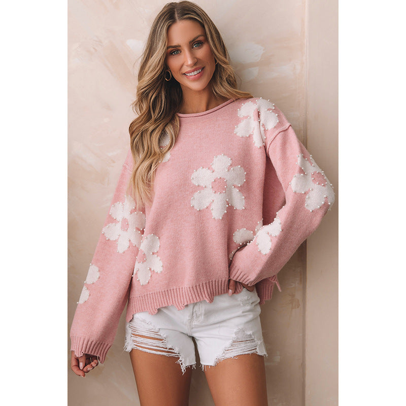 Roxane Delfino | Floral Pearl-Embellished Knit Sweater For Women