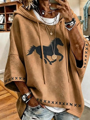 Waverly Fontcombe | Retro Horse-Print Hooded Cropped-Sleeve Sweatshirt For Women