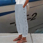 Vivienne Strandmore | Striped Linen-Cotton Button-Accent Trousers