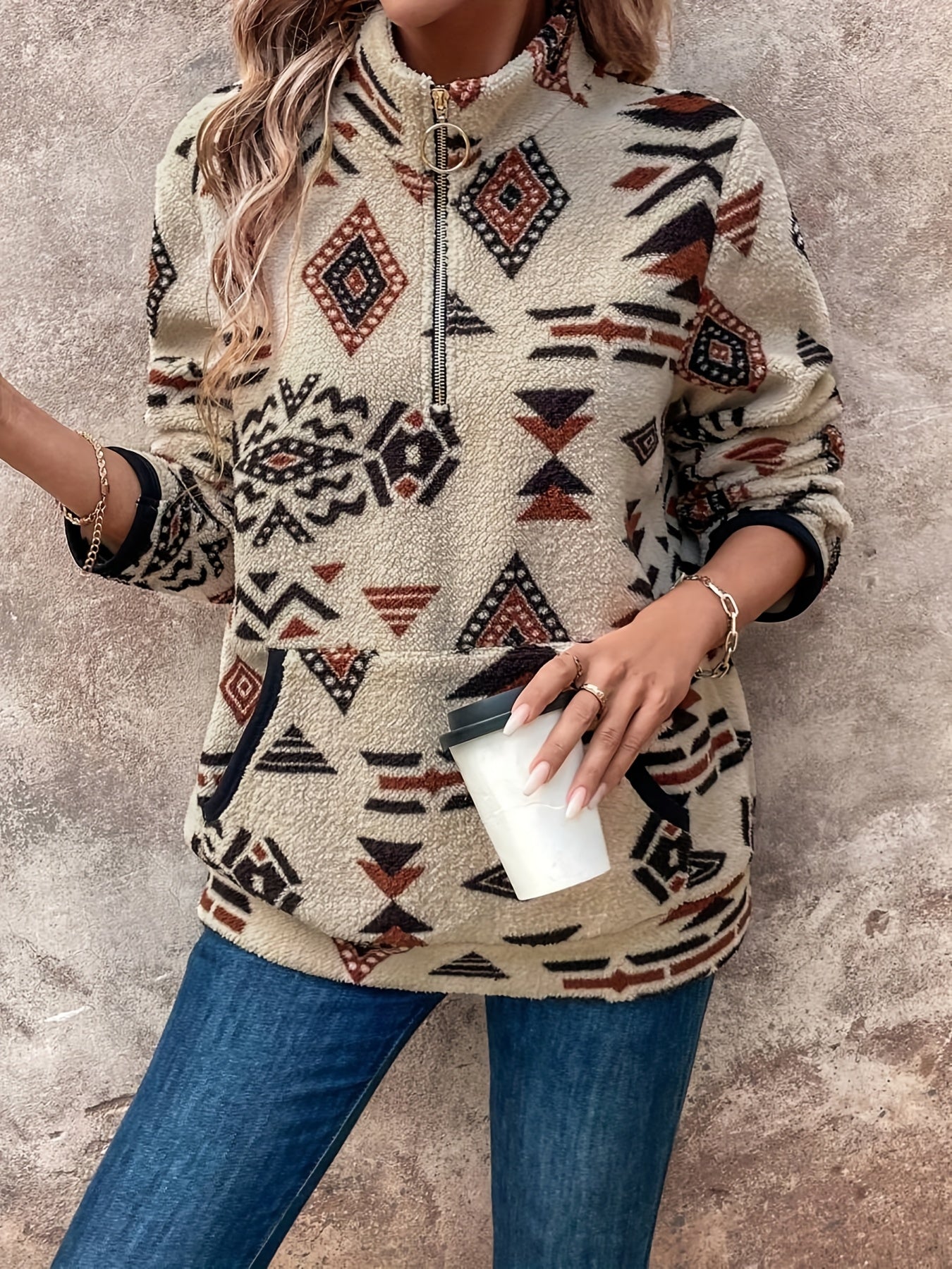 Juliette Rosnay | Aztec-Print Sweater With Quarter-Zip Collar