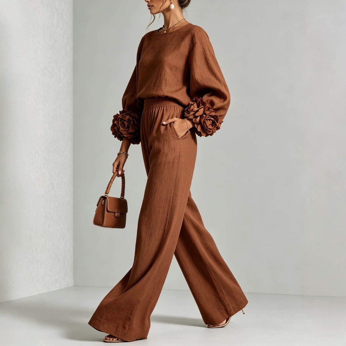 Oaklyn Merfield | Ruffle Cuff Top & Wide Leg Pants Set For Women