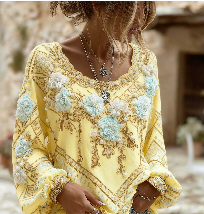 Ines Delacourt | Floral Embroidered Boho Blouse For Women