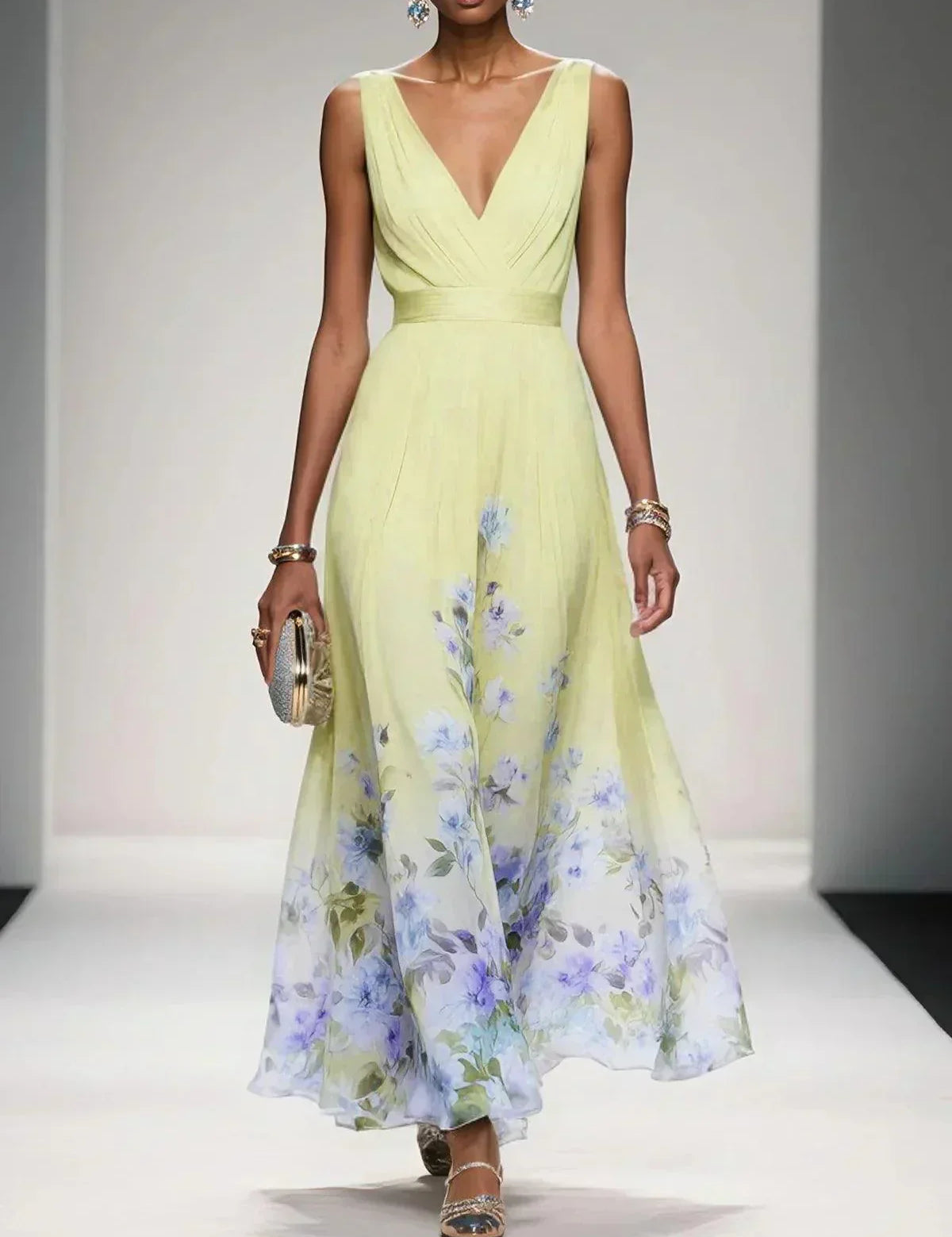 Celestine Dawnmore | Light Blue Floral Maxi V-Neck Dress