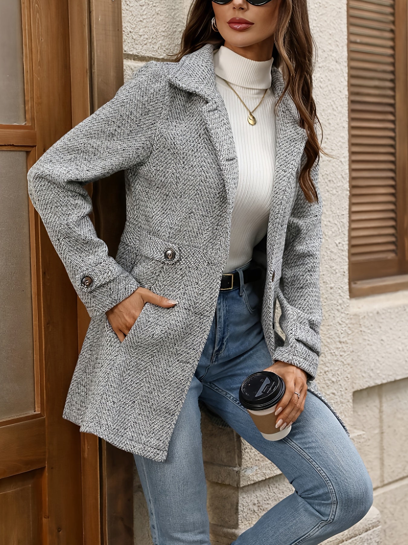 Gabrielle Norwood | Herringbone Pea Coat With Belted Waist