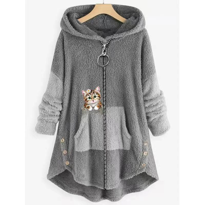 Natalie Fairchild | Cozy Cat-Print Hooded Fleece Coat For Women