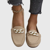 Camille Beaudreau | White Flat Loafers with Gold Chain Detail