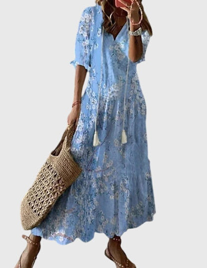 Cressida Montvallon | Blue Ikat Print Boho Maxi Dress