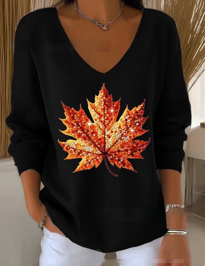 Florence Adair | Maple Leaf Print V-Neck Sweater For Women